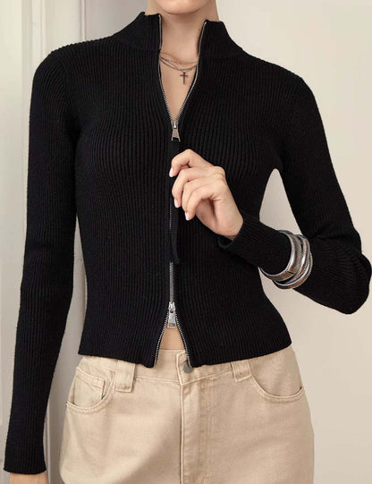 Sexy Stand-Up Collar Ribbed Long Sleeve Top