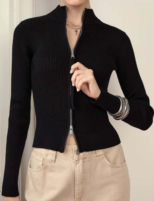 Sexy Stand-Up Collar Ribbed Long Sleeve Top