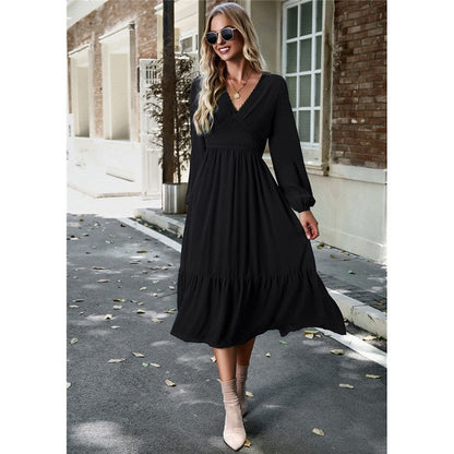 High Waist Solid Color V-Neck Dress