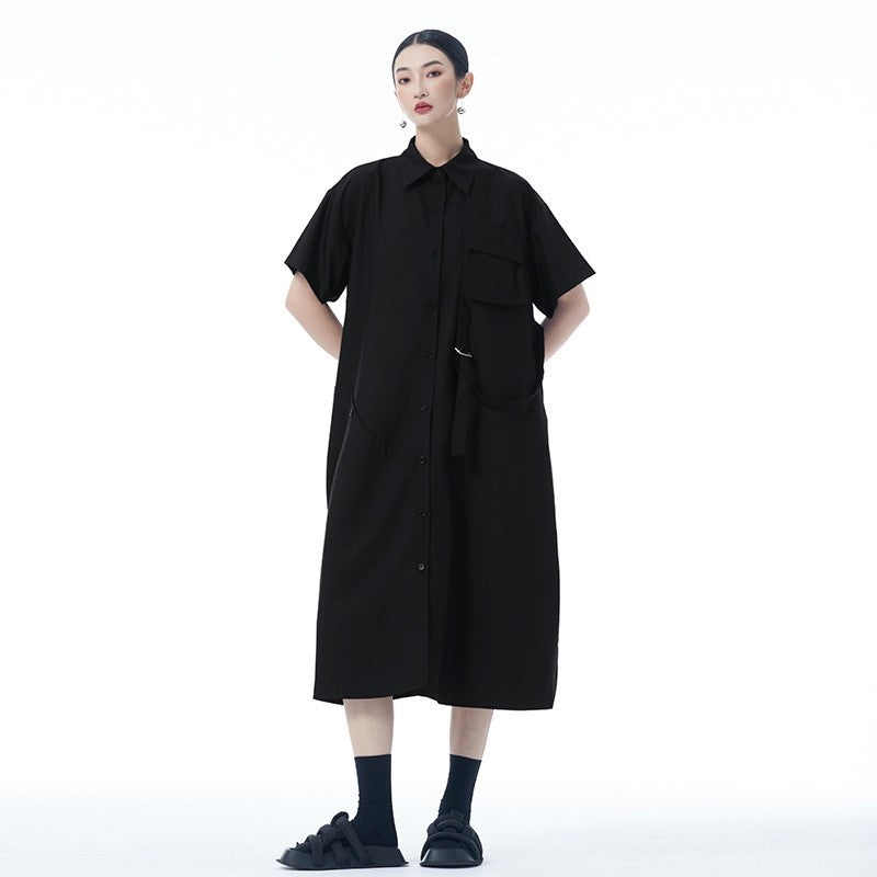 Simple Collar Pocket Shirt Dress Loose Sleeve