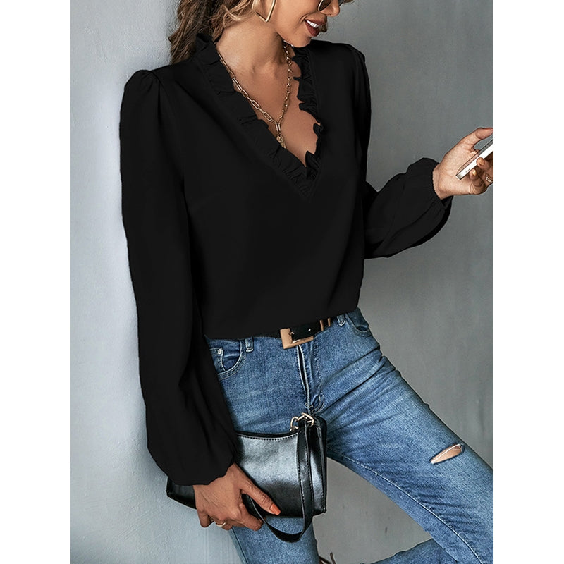 Long Sleeves Loose Ruffled Solid Color V-Neck Blouses&Shirts Tops