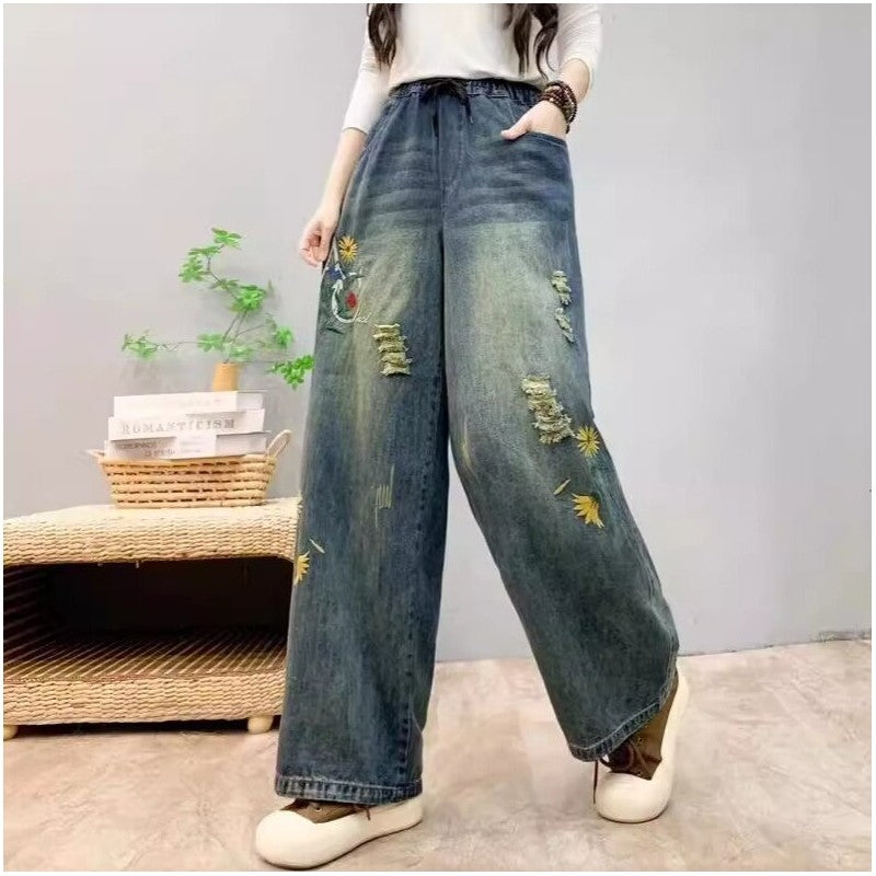 High-Waisted Embroidered Floral Distressed Denim Jeans