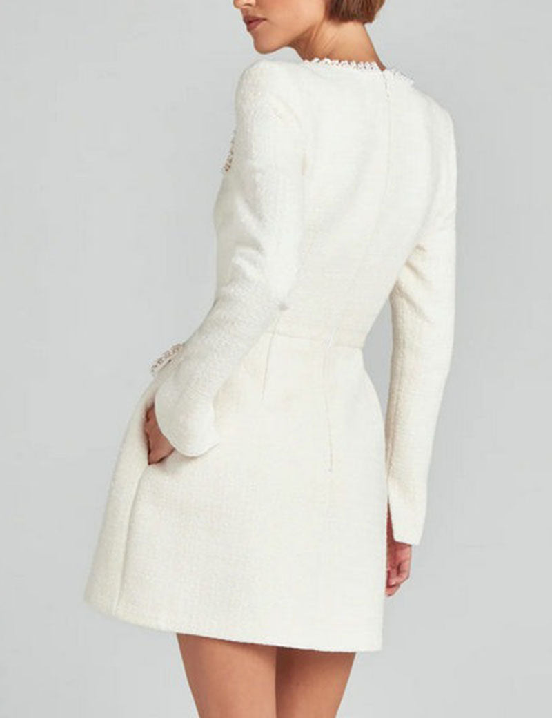 U-Neck Elegant Pearl Tweed Mini Dress