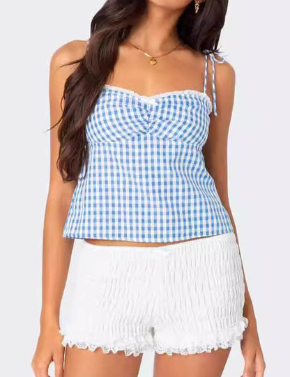 Sweet Plaid Lace Trim Spaghetti Strap Top