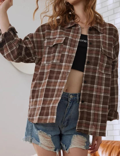 Vintage Plaid Lapel Collar Button Down Shirt