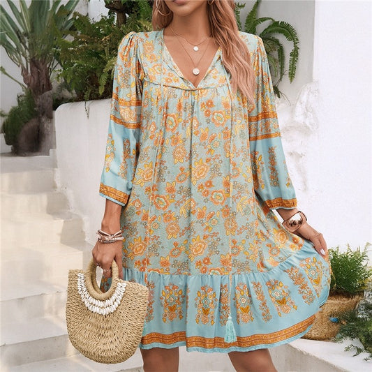 V-Neck Floral Print Ruffle Hem Casual Mini Dress
