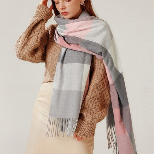 Imitated Cashmere Plaid Print Striped Tasseled Shawl Scarf