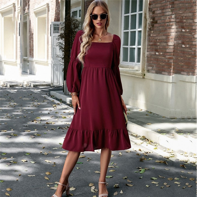 Solid Color Square Neck Ruffle Skirt Waisted Long-Sleeved Dress