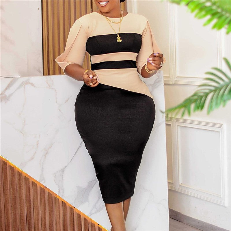 Plus Size OL Split Sleeve Colorblocking Hipster Dress