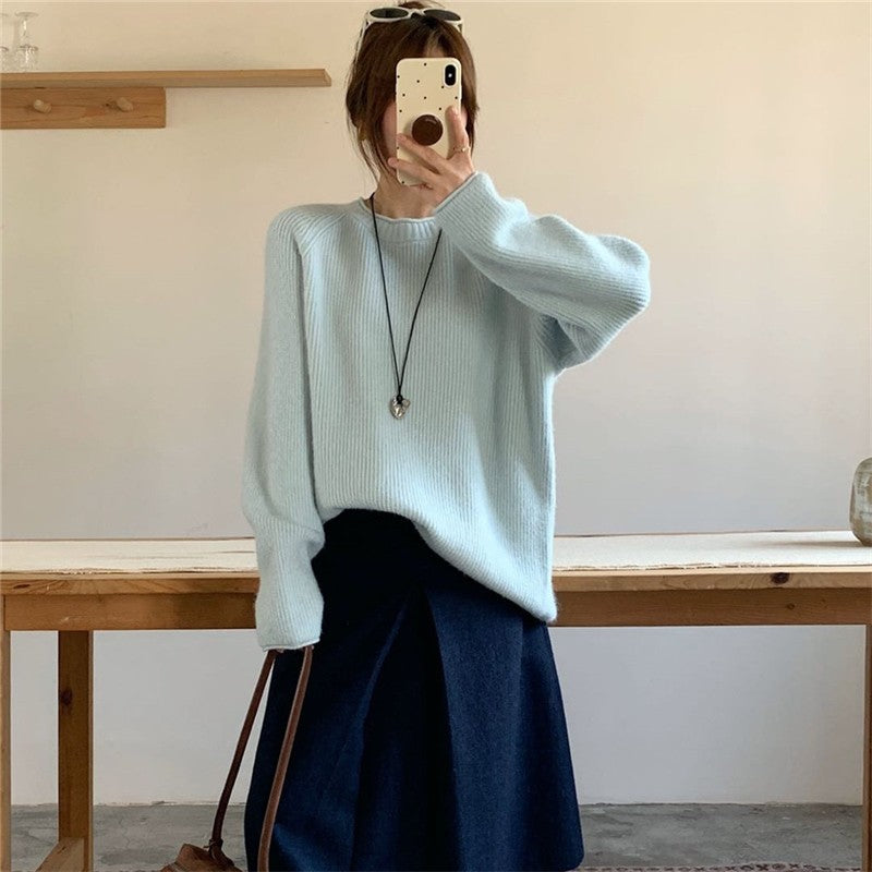 Rolled Edge Round Neck Pullover Sweater Women's Soft Loose Fit Knit Top