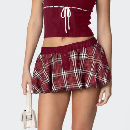 Color Block Plaid Button Mini Skirt