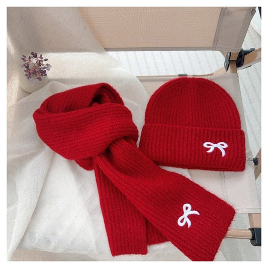 Kids Knit Bow Embroidered Hat Scarf Set