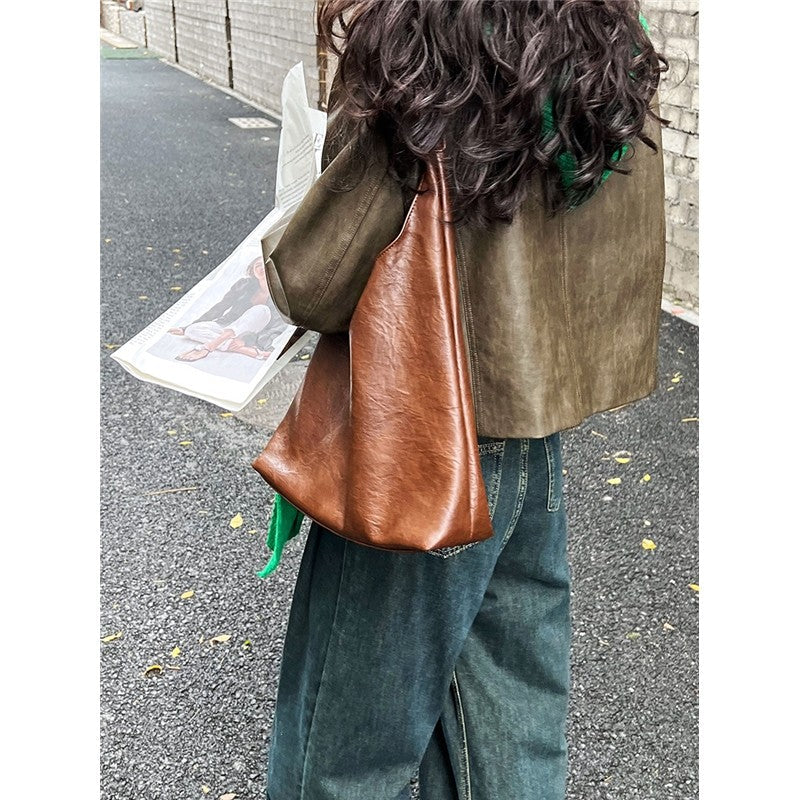 Retro Crewneck Long Sleeve Single Breasted Short PU Leather Jackets