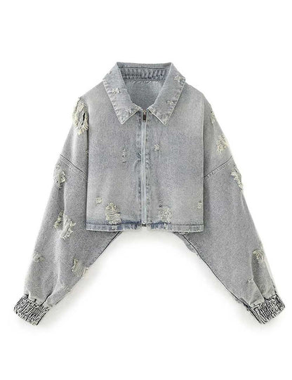 Trendy Ripped Denim Long Sleeve Cropped Jacket