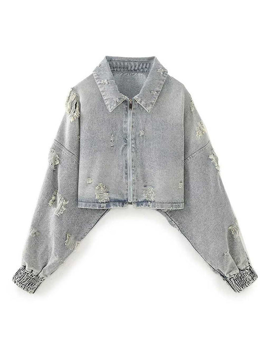 Trendy Ripped Denim Long Sleeve Cropped Jacket