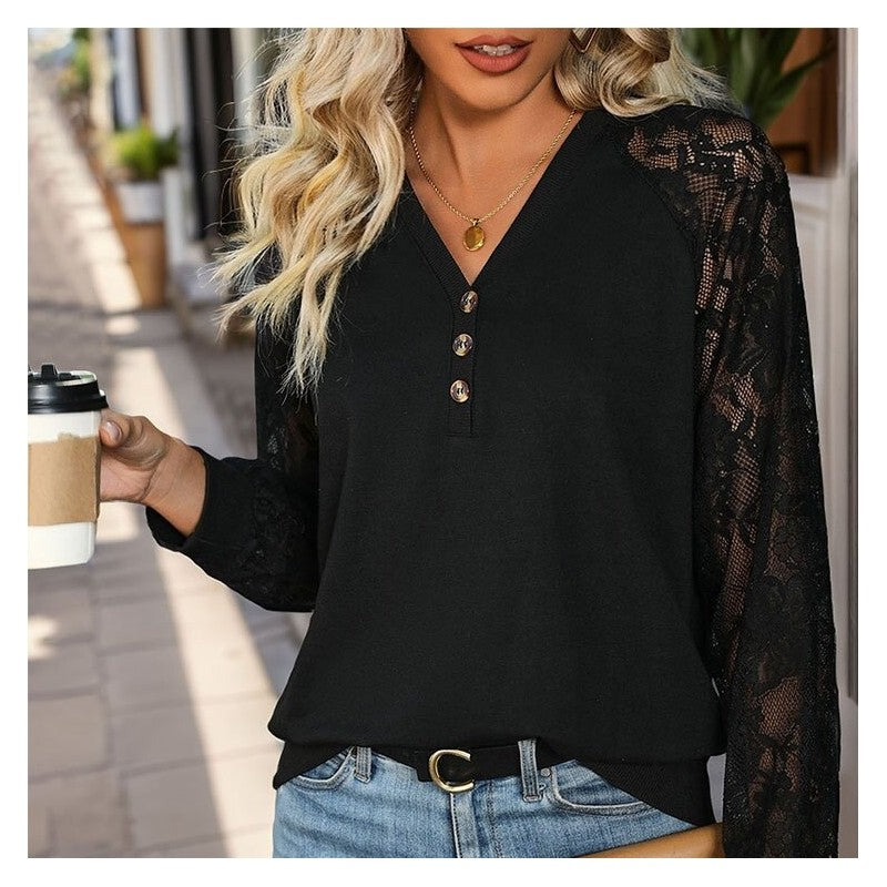 Black Long Sleeve Shirt With Lace Detail