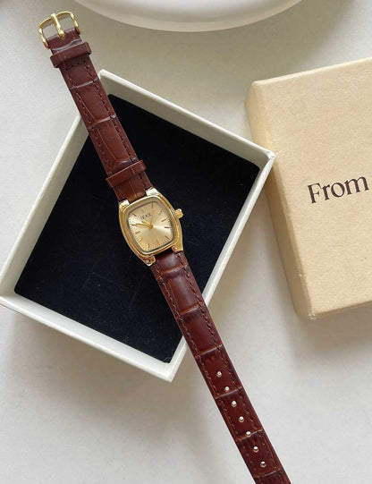 Vintage Tonneau Quartz Leather Strap Watch