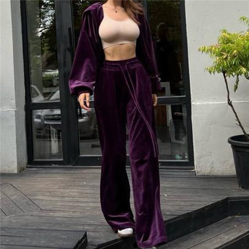Stylish Velvet Zip-Up Top And Drawstring Pants Set