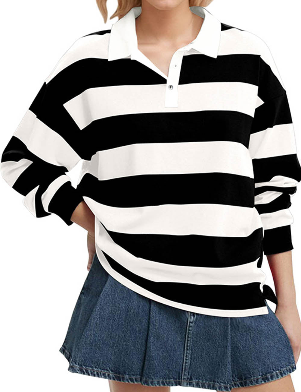 Striped Lapel Collar Long Sleeve Casual Top