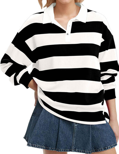 Striped Lapel Collar Long Sleeve Casual Top