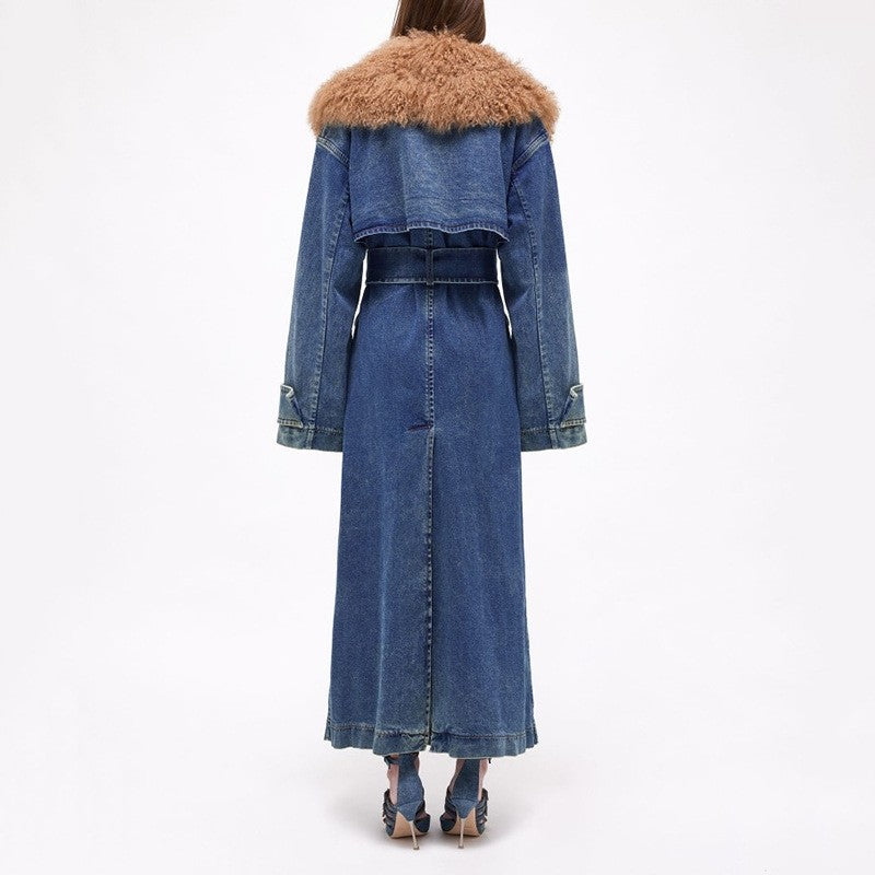 Detachable Fur Collar Long Denim Coat