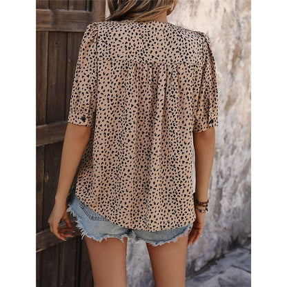 Summer Simple Casual Leopard Print Short-Sleeved V-Neck Commuter Shirt