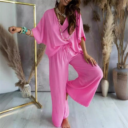 Solid Color V-Neck Bat Sleeve Top Long Pants Set