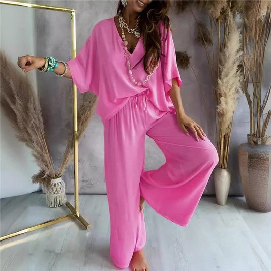 Solid Color V-Neck Bat Sleeve Top Long Pants Set