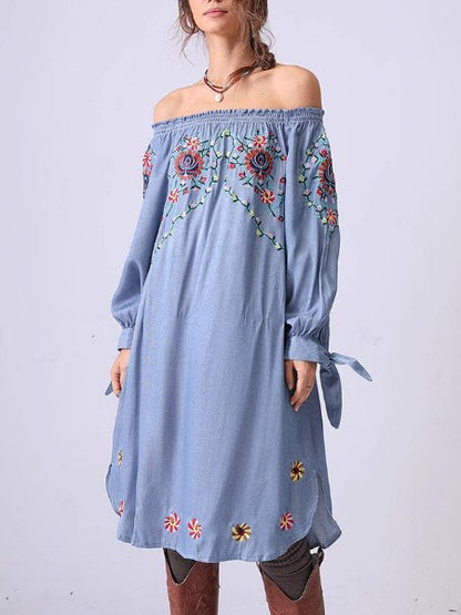 Flower Embroidered Off Shoulder Midi Dress