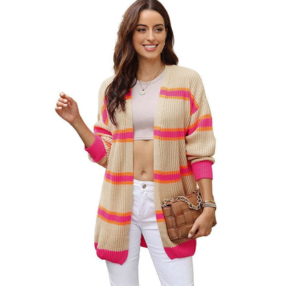 Long Striped Open Front Cardigan Sweater Casual Loose Fit