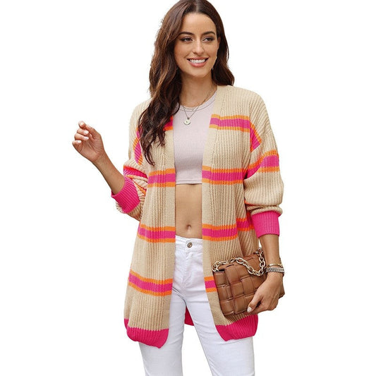 Long Striped Open Front Cardigan Sweater Casual Loose Fit