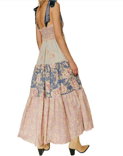 Trendy Color Block Printed Strape Maxi Dress