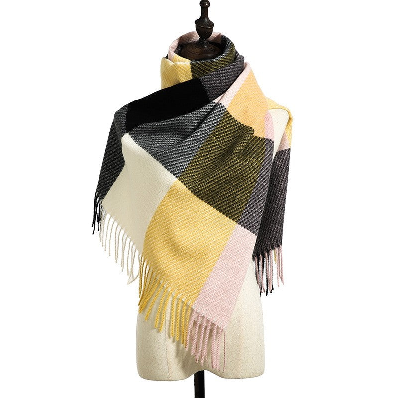 British Style Plaid Imitated Cashmere Tassled Shawl Scarf