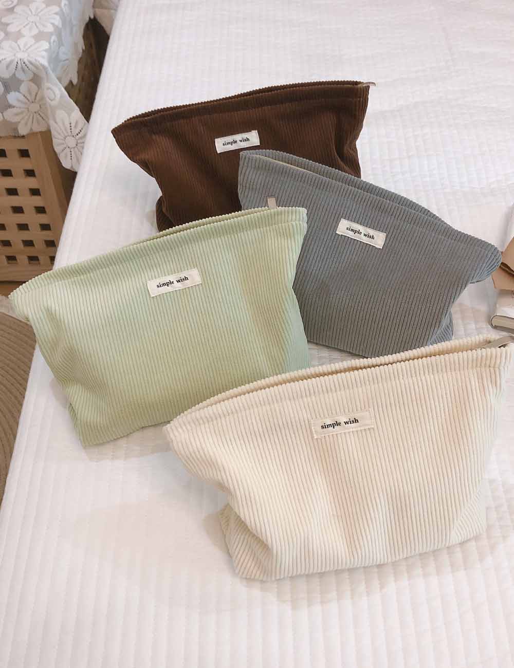 Versatile Solid Color Corduroy Cosmetic Bag