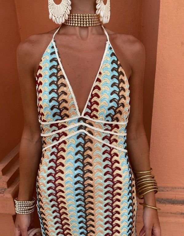 Backless Striped Halter Maxi Knit Dress