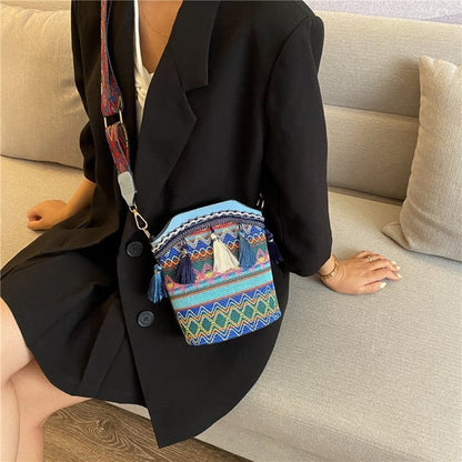 Print Soft Tasseled Multicolored One Shoulder Bag