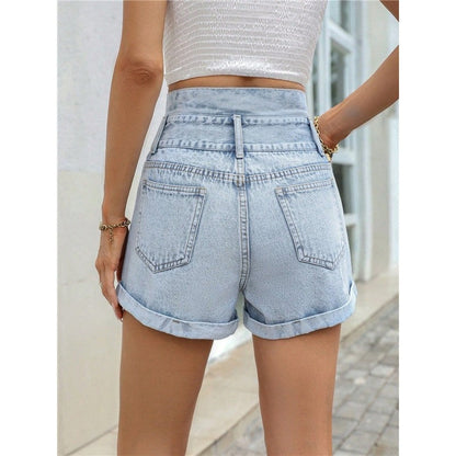 Loose, Versatile And Slimming High-Waisted Double-Button Rolled Hem Denim Shorts