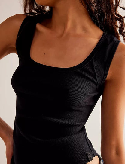 Ribbed Solid Color Square Neck Tank Tops