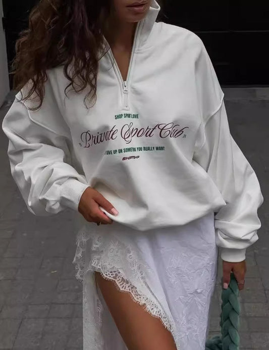 Zipper Letter Print Loose Hoodie