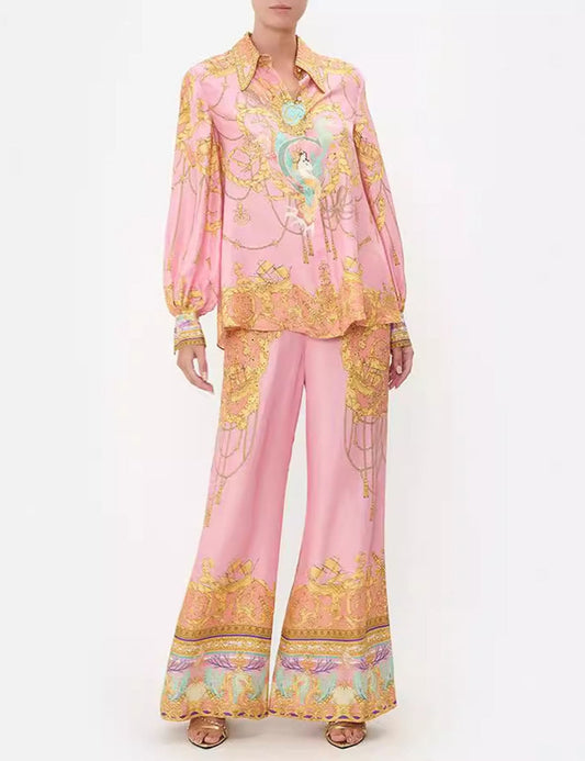 Print Lantern Sleeves Shirt Pant Casual Set