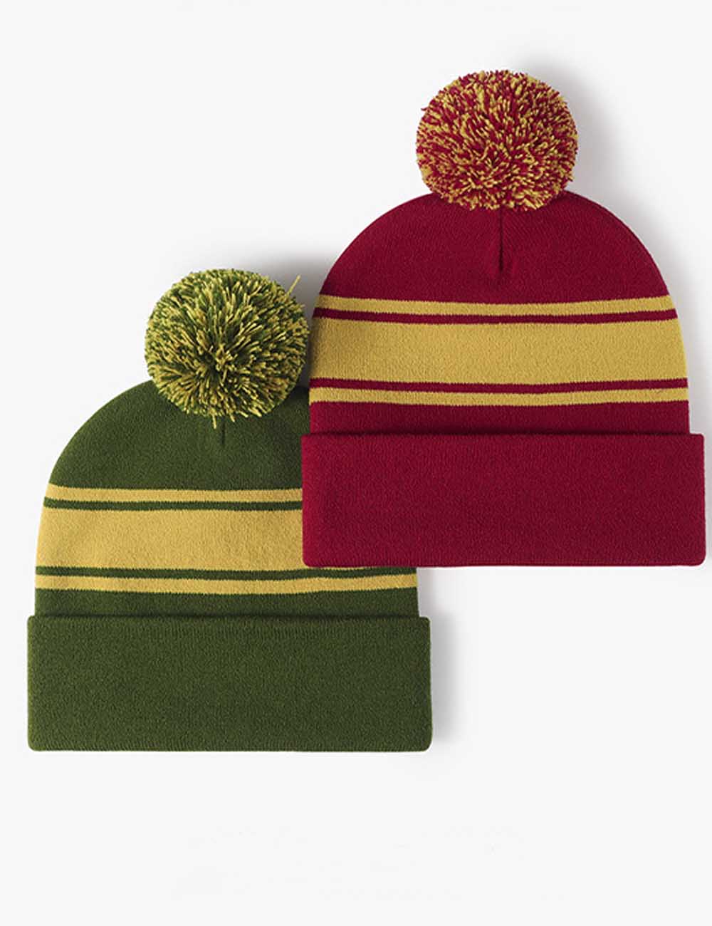 Soft Cuff Pom Pom Stripe Knit Beanie Hat