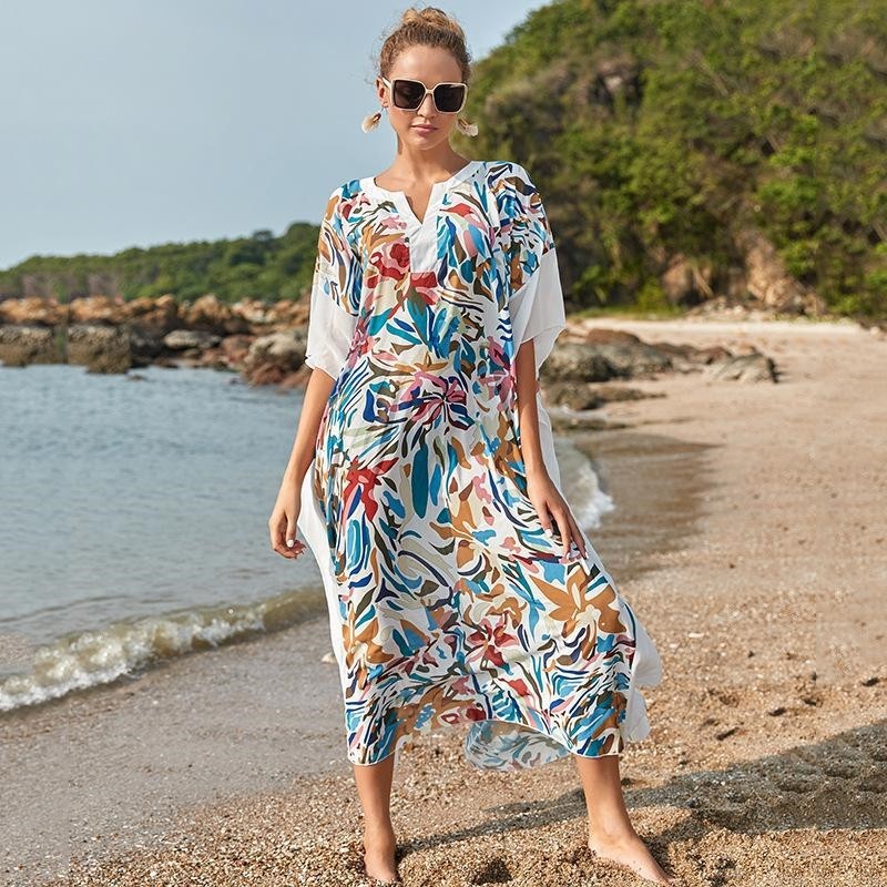 Contrast Color Patchwork Printing V-Neck Half Sleeve Casual Loose Long Beach Dress Bikini Cover-Up