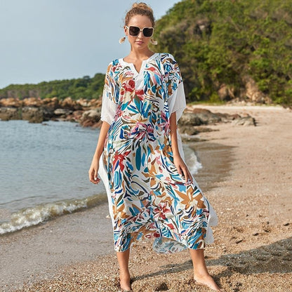 Contrast Color Patchwork Printing V-Neck Half Sleeve Casual Loose Long Beach Dress Bikini Cover-Up