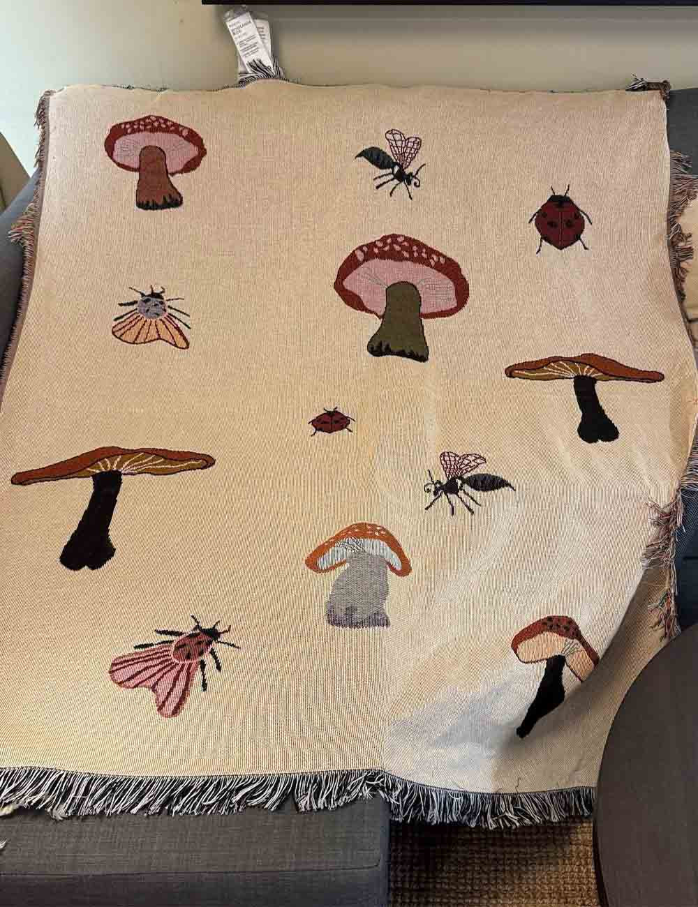Whimsical Mushroom Pattern Insect Tapestry Throw Blanket