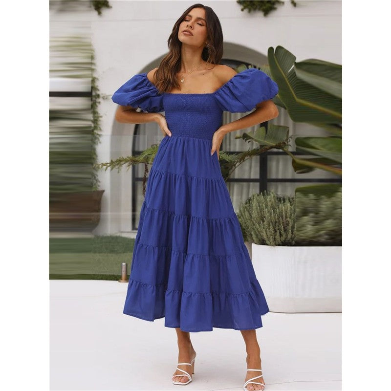 Boat Neck Puff Sleeve Elastic Waist A-Line Long Dress