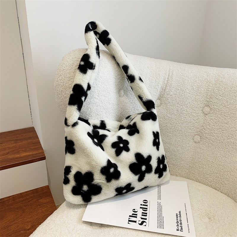 Cute Black  White Flowers Plush Shoulder Bag