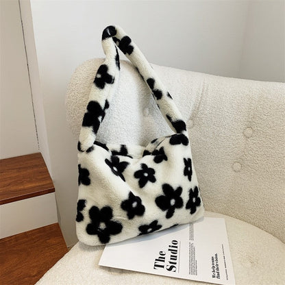 Cute Black  White Flowers Plush Shoulder Bag