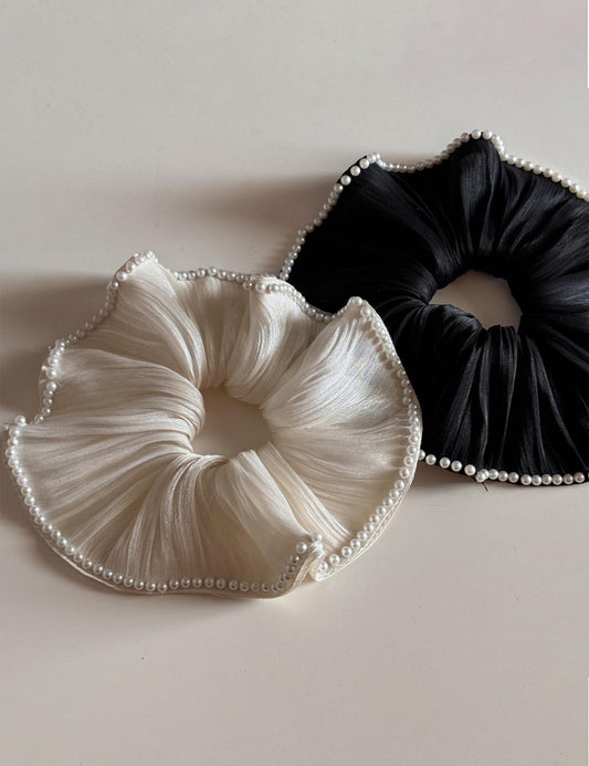 Elegant Satin Chiffon Pearl Embedded Hair Scrunchies