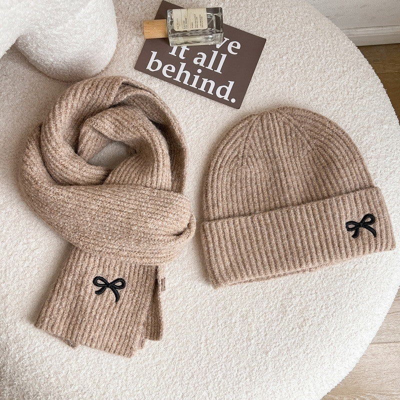 Kids Knit Bow Embroidered Hat Scarf Set