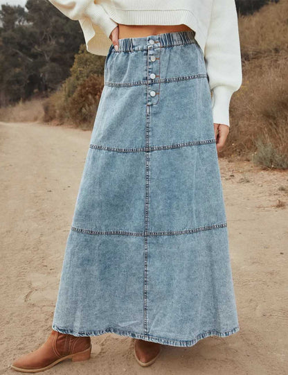 Minimalist Layered A-Line Denim Midi Skirt